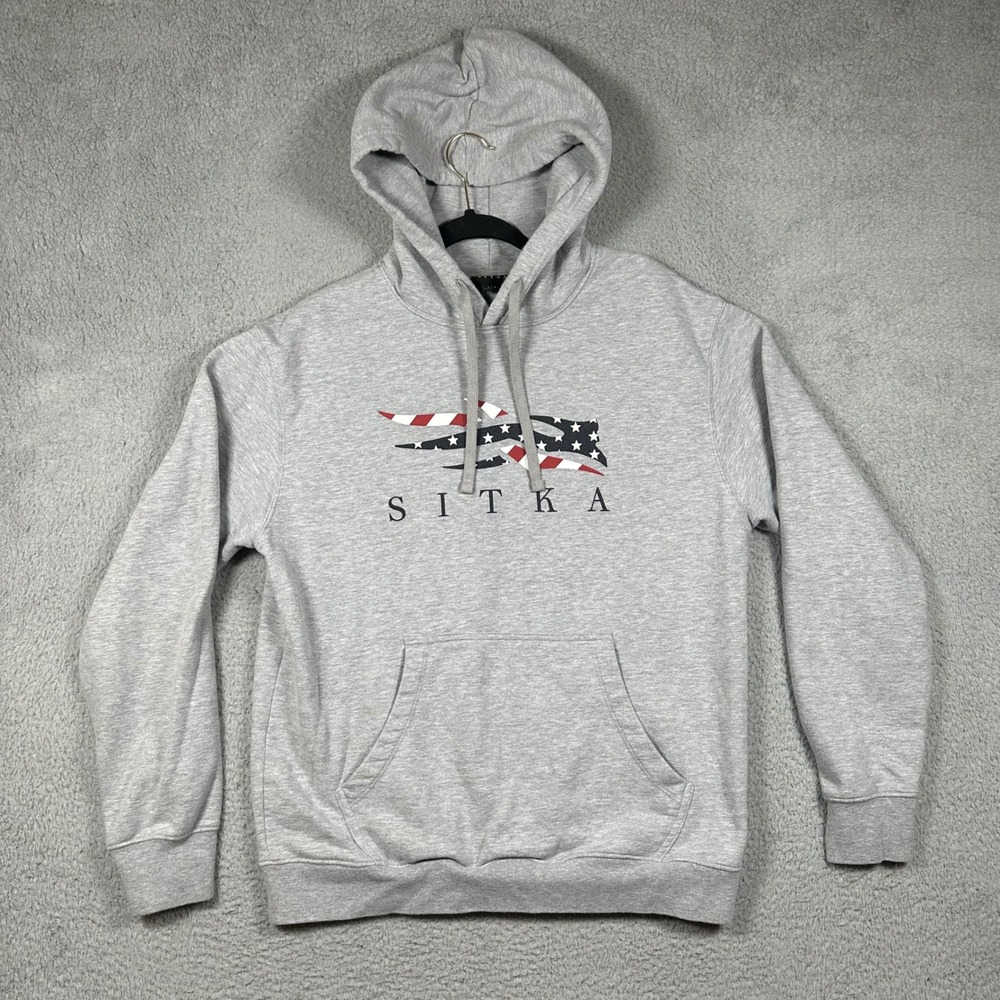 Sitka Gear Mens Hoodie Gray American Flag Logo Pullover Sweatshirt Large Hunting